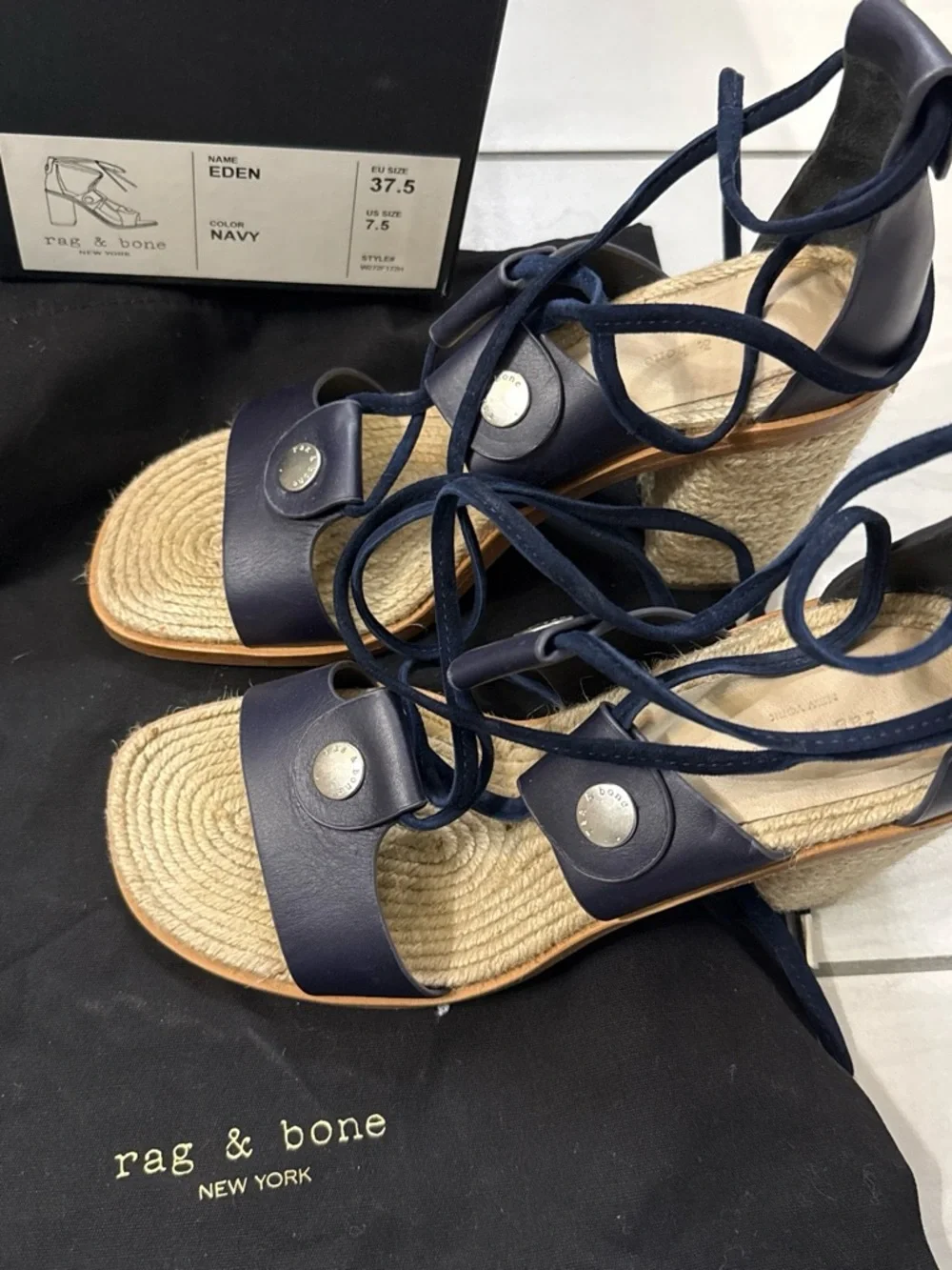 rag & bone Navy Leather Lace-Up Espadrille Wedge Sandals